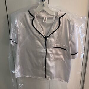 White Satin Pajama Top with Black Trim